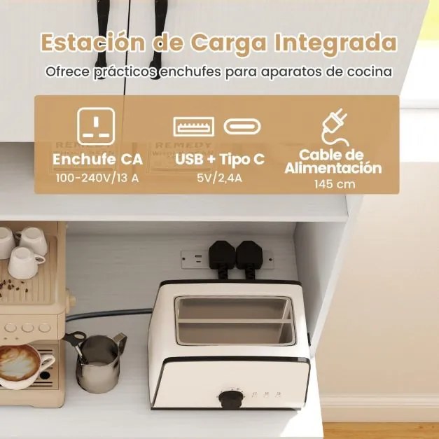Armário de cozinha 64,5 x 38 x 168 cm com estação de carregamento integrada com 4 portas, 2 prateleiras ajustáveis e bancada para micro-ondas, branco