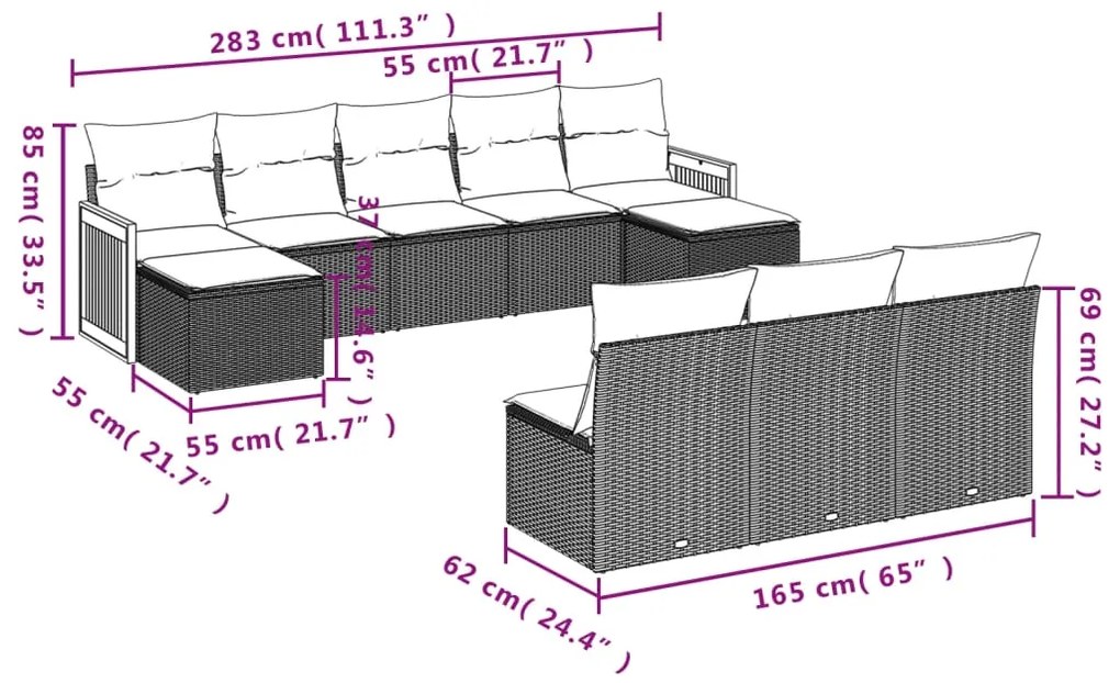 10 pcs conjunto sofás de jardim c/ almofadões vime PE cinzento