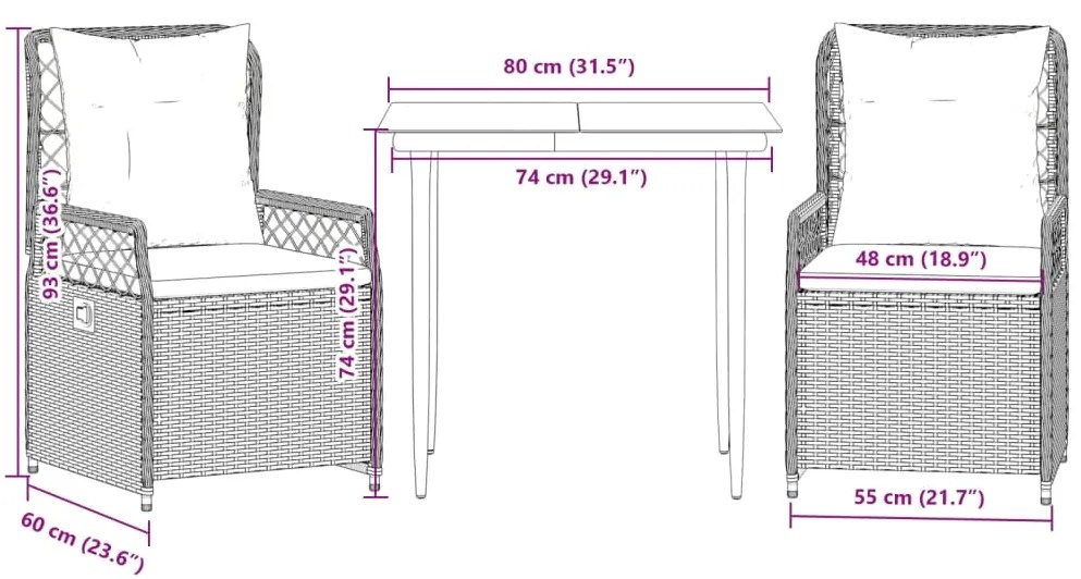 3 pcs conjunto de jantar p/ jardim com almofadões vime PE bege