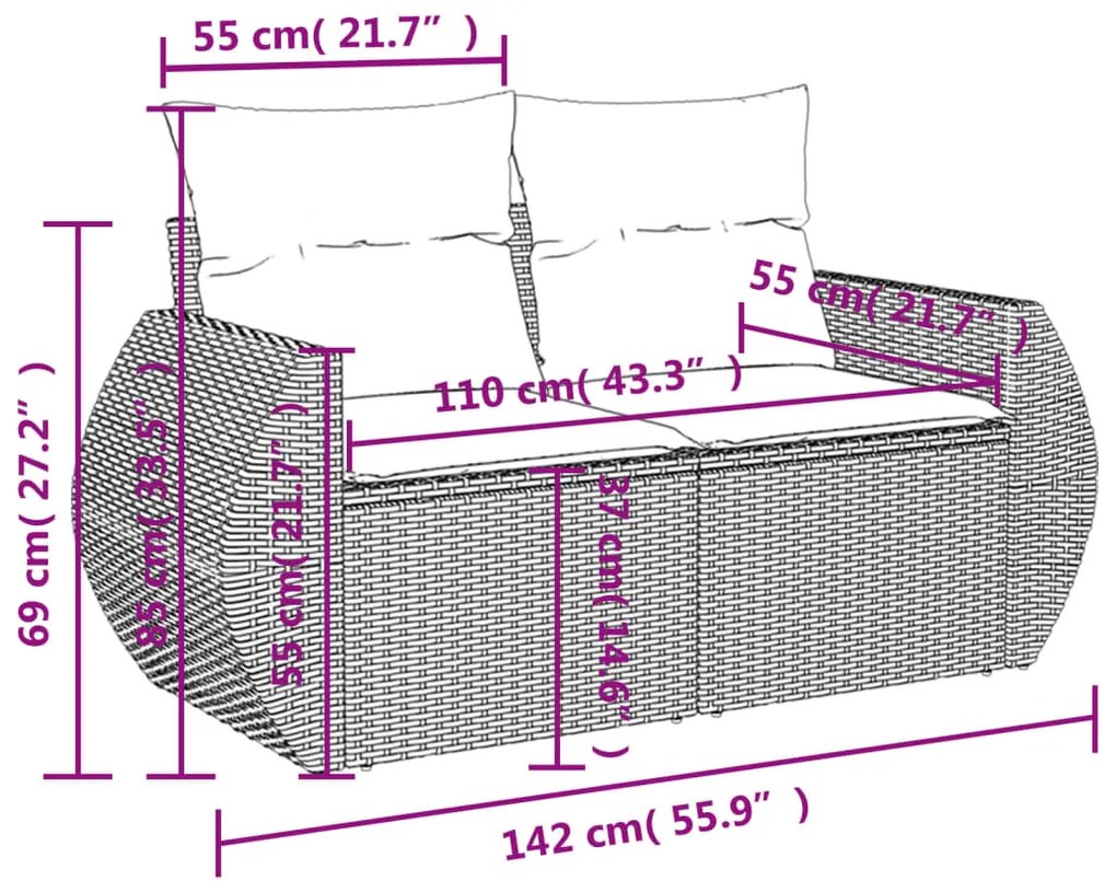 7 pcs conj. sofás jardim com almofadões vime PE cinzento-claro