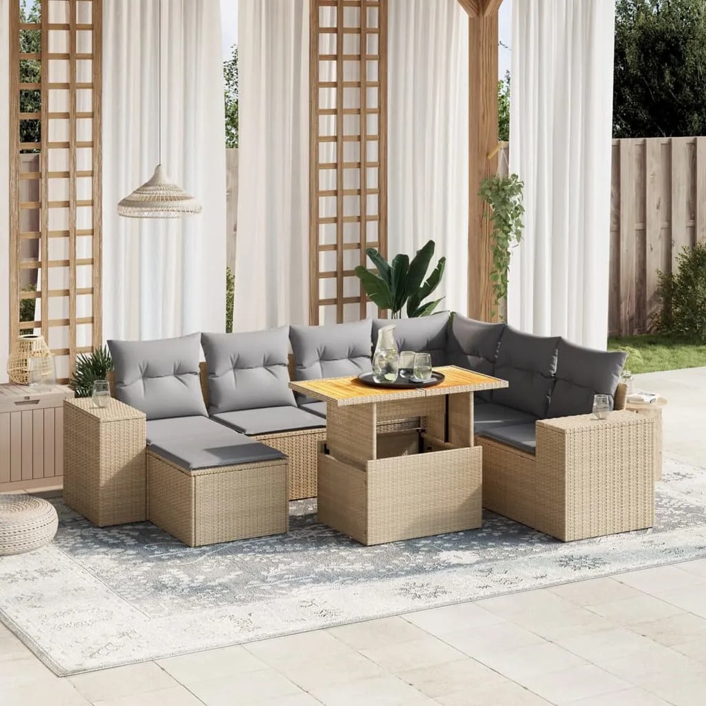 vidaXL 8 pcs conjunto de sofás p/ jardim com almofadões vime PE bege