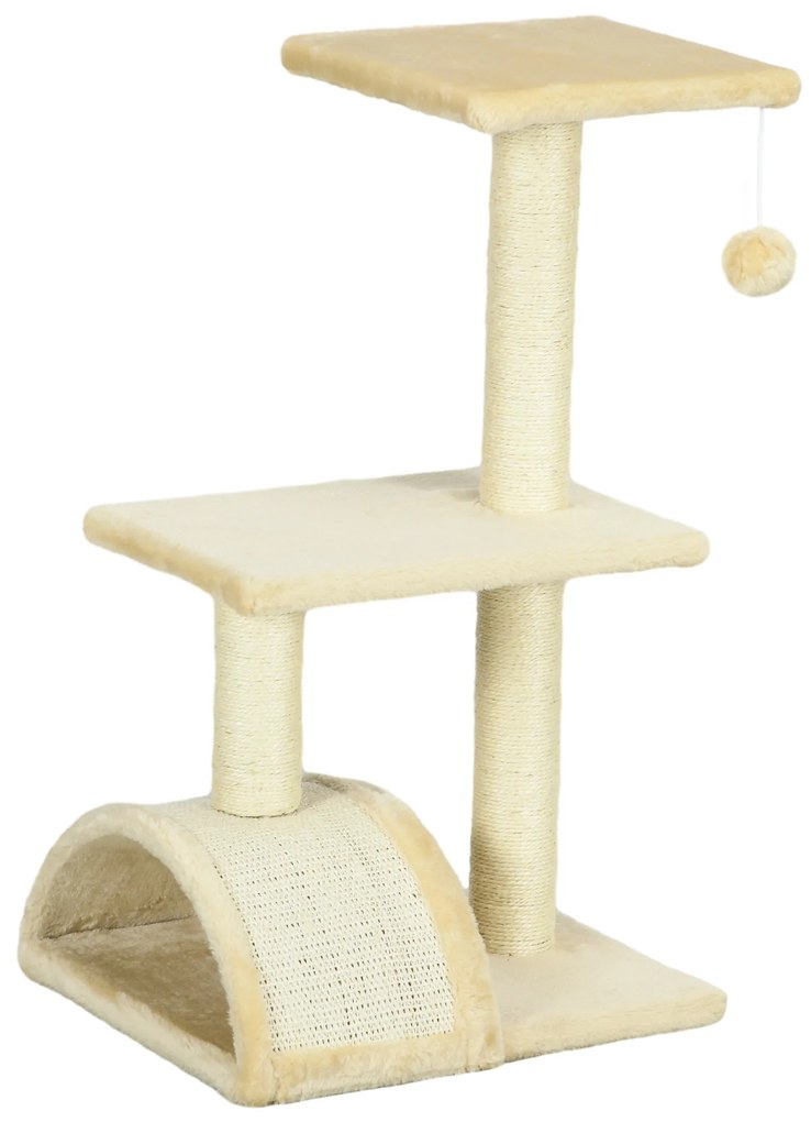 PawHut Arranhador para Gatos Médio de 3 Níveis  com Postes de Sisal Placa para Arranhar e Bola Suspensa 40x35x72 cm Creme