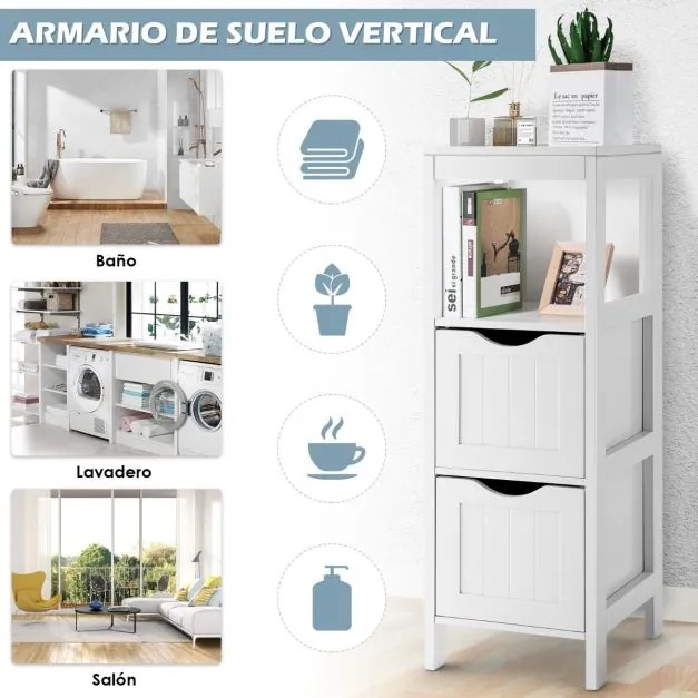 Armário de banho com 1 prateleira e 2 gavetas removíveis estreito lateral 30 x 30 x 89 cm Branco