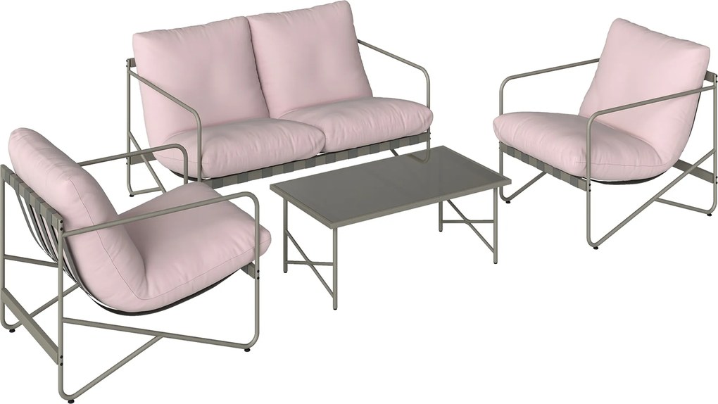 Outsunny Conjunto de Jardim de 4 peças com Sofá de 2 Lugares 2 Poltronas Mesa de Vidro Temperado e Almofadas Grossas Rosa | Aosom Portugal