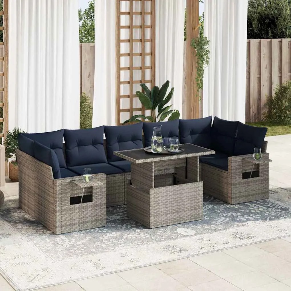 8 pcs conjunto sofás jardim com almofadões vime PE/acácia preto