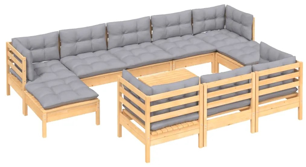 11pcs conjunto lounge de jardim + almofadões cinza pinho maciço
