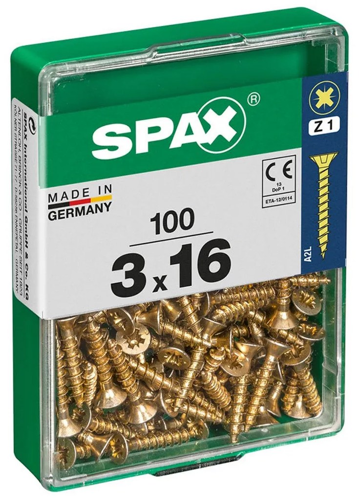 Caixa de parafusos SPAX Yellox Madeira Cabeça plana 100 Peças (3 x 16 mm)