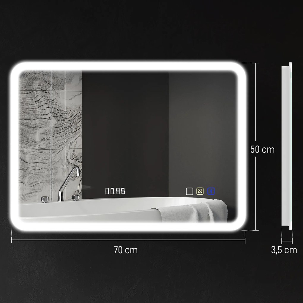 Espelho de Casa de Banho com Luz LED 70x50 cm Bluetooth 3 Cores de Luz Relógio Digital Função Antiembaciamento Função de Memória Prata