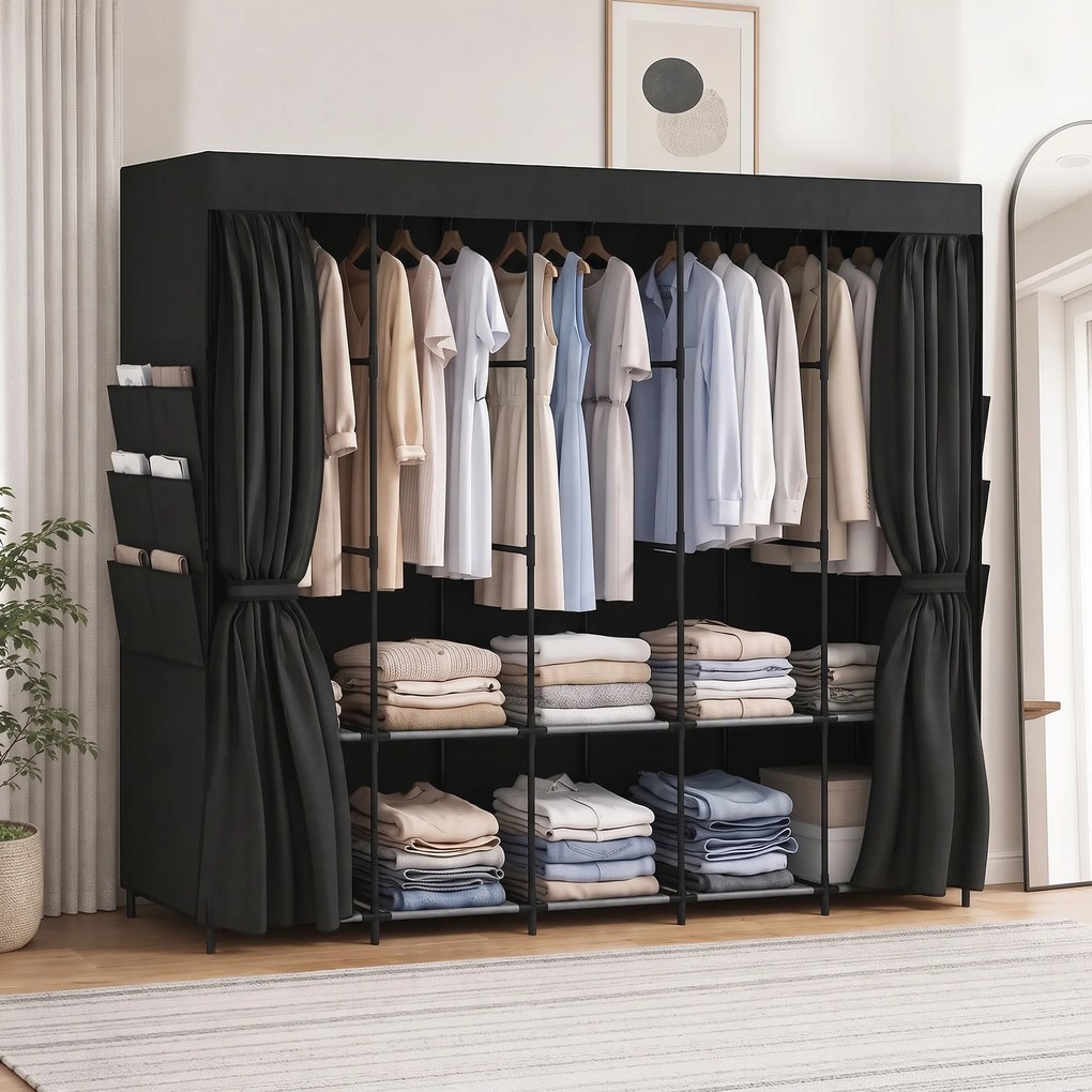 Roupeiro de Tecido com 5 Barras, 5 Prateleiras, 6 Bolsos Laterais, Fecho de Correr, Estrutura em Aço, 212x45x167 cm, Preto