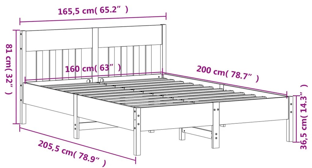 Cama sem colchão 160x200 cm madeira pinho maciço castanho-mel
