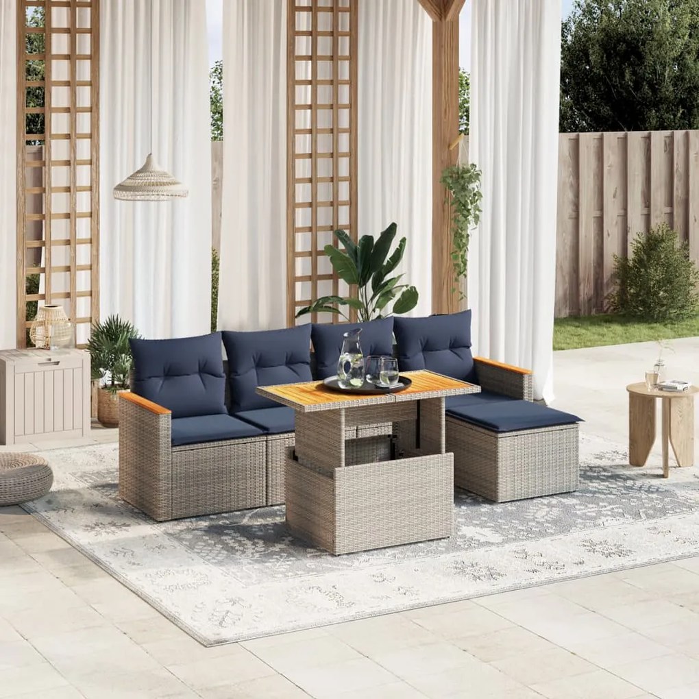 vidaXL 6 pcs conjunto sofás p/ jardim c/ almofadões vime PE cinzento