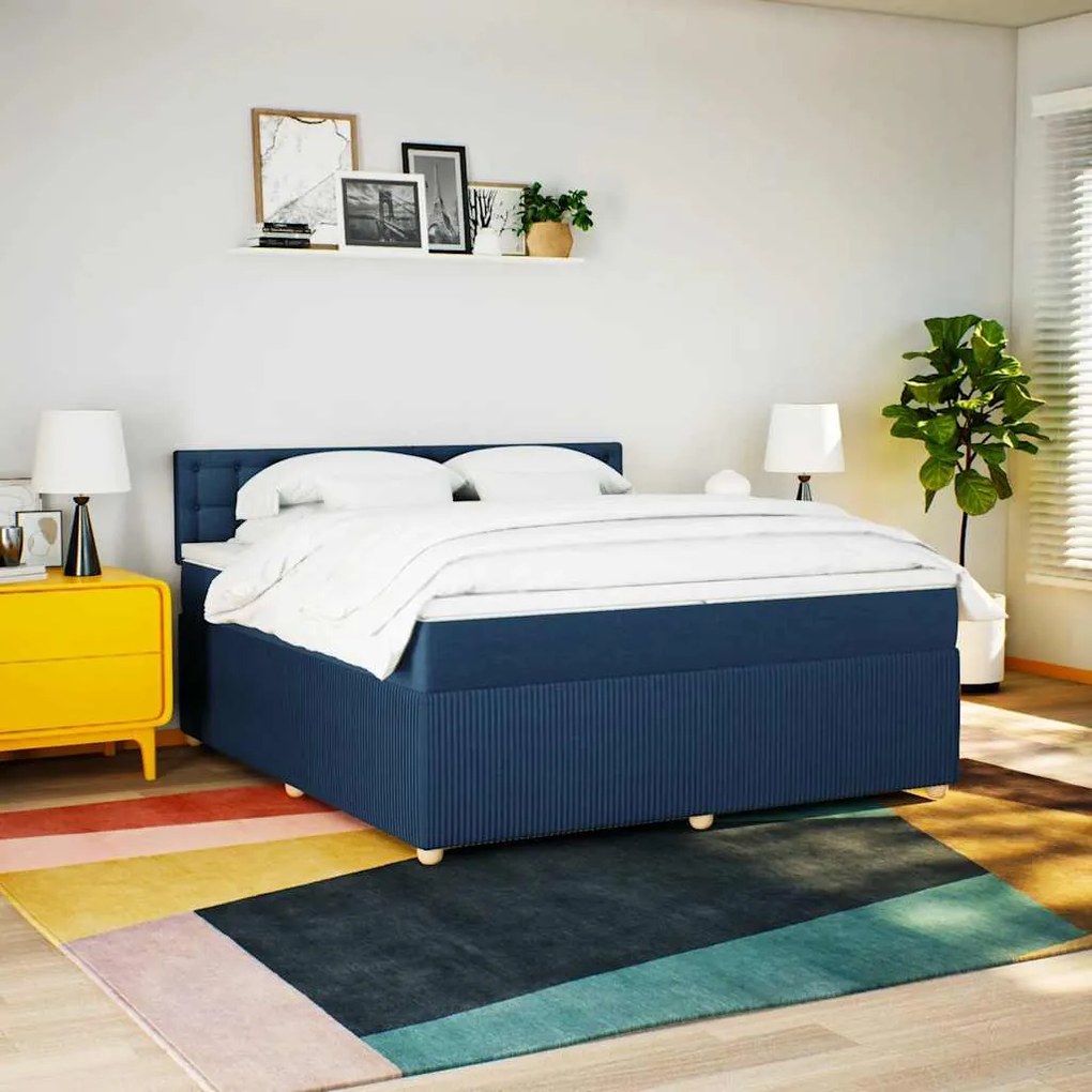 Cama com molas/colchão 200x200 cm tecido azul