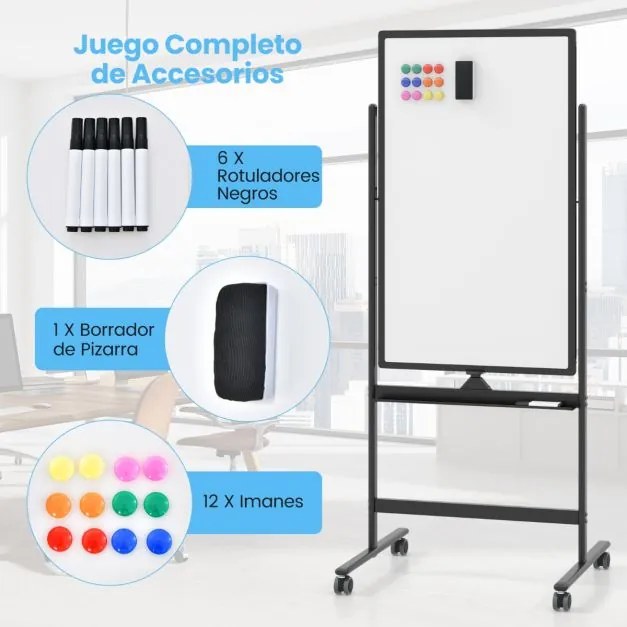 Quadro branco magnético móvel 60 x 100 cm Quadro branco seco de dupla face com suporte sobre rodas Altura ajustável para escritório Escola Preto