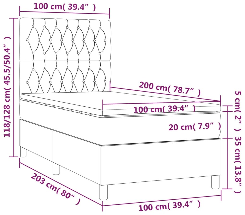 Cama box spring c/ colchão/LED 100x200cm veludo cinzento-escuro