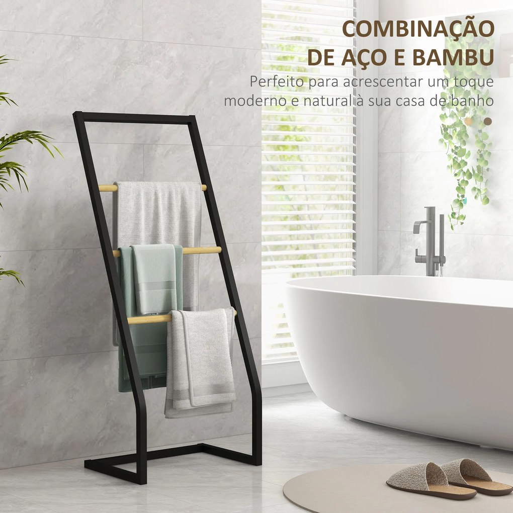 Toalheiro de Pé para Casa de Banho com 4 Barras em Bambu e Aço 40,5x28x98 cm Preto e Madeira