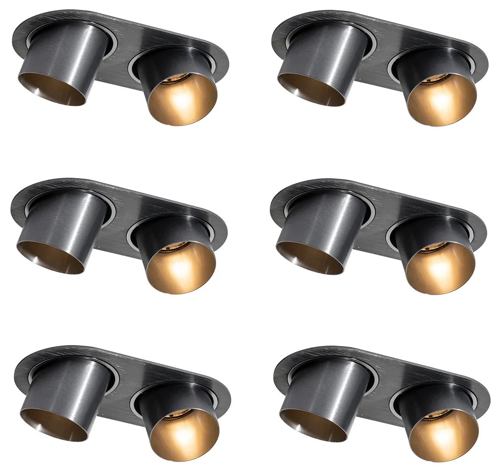 Set van 6 inbouwspots gunmetal GU10 50mm 2-lichts - Installa Moderno