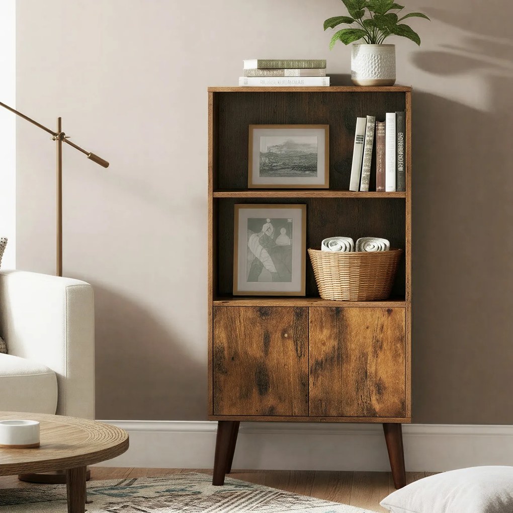 Estante de 3 prateleiras com portas 30 x 60 x 120 cm, design Mid-Century, para a sala de estar e o escritório em casa castanho