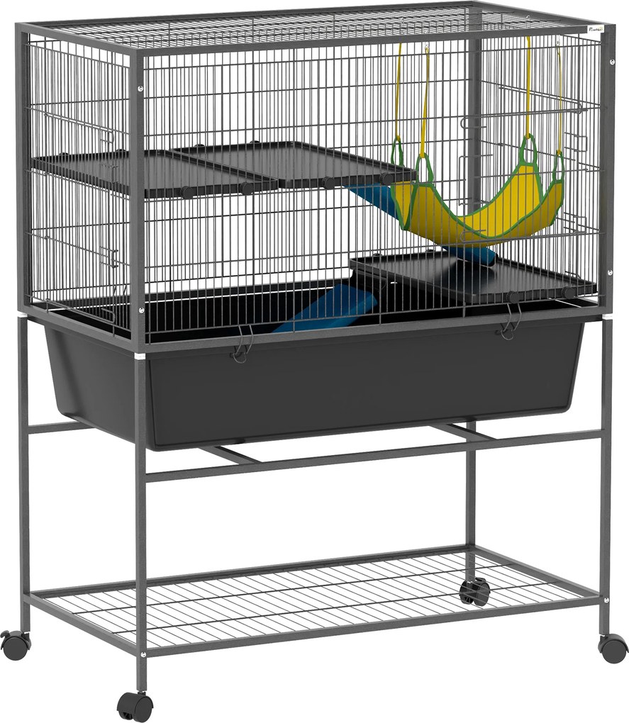Gaiola para Animais Pequenos de 3 Níveis com Rodas Rampas e Bandeja Amovível Recinto para Roedores 88x48x102 cm Cinza Escuro