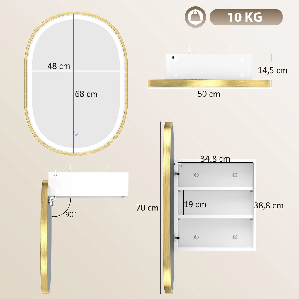 Armário de Casa de Banho com Espelho e Luzes LED de 3 Cores Armário de Parede Oval com Memória e Função Antivapor Dourado