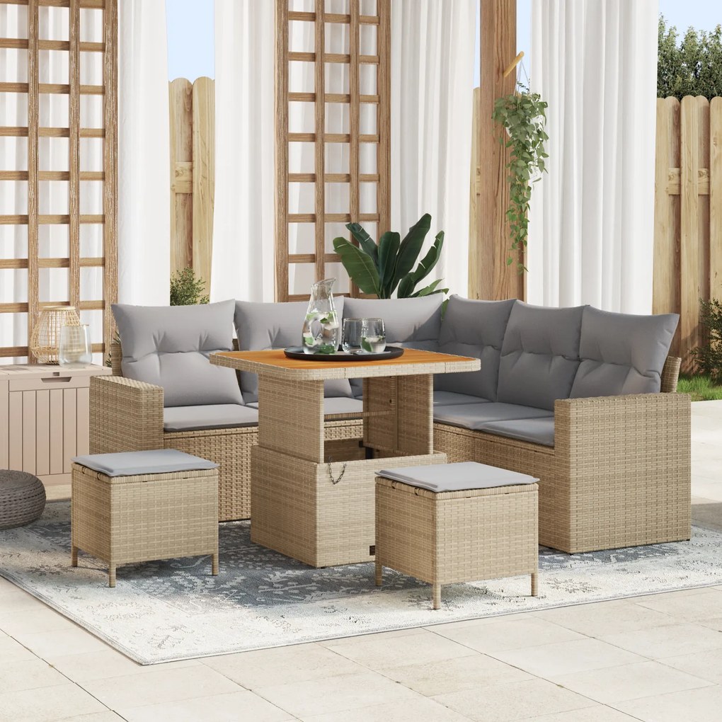 Conjunto de Sofá de Jardim com 8 Peças e Almofadas Beje de Vime Acácia