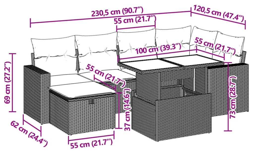 7 pcs conjunto de sofás p/ jardim com almofadões vime PE bege