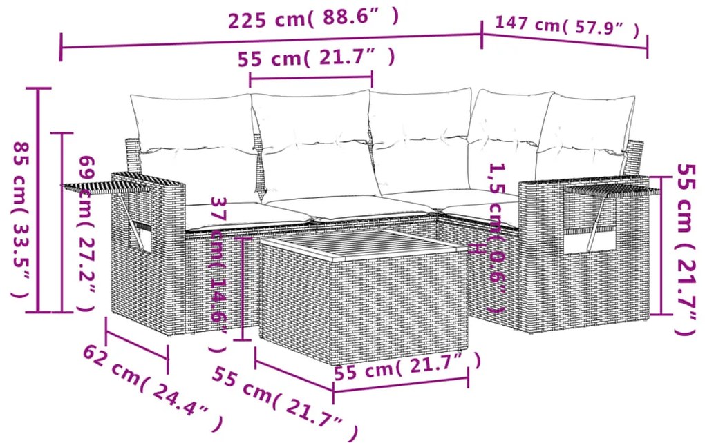 5 pcs conjunto sofás de jardim com almofadões vime PE preto
