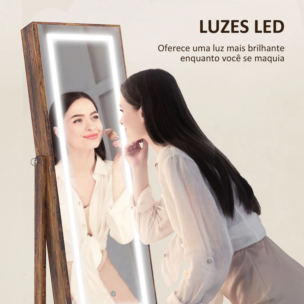Joalheiro de Pé Armário para Jóias com Fita de Luz LED e Fechadura Magnética 46x36,5x151,5 cm Madeira