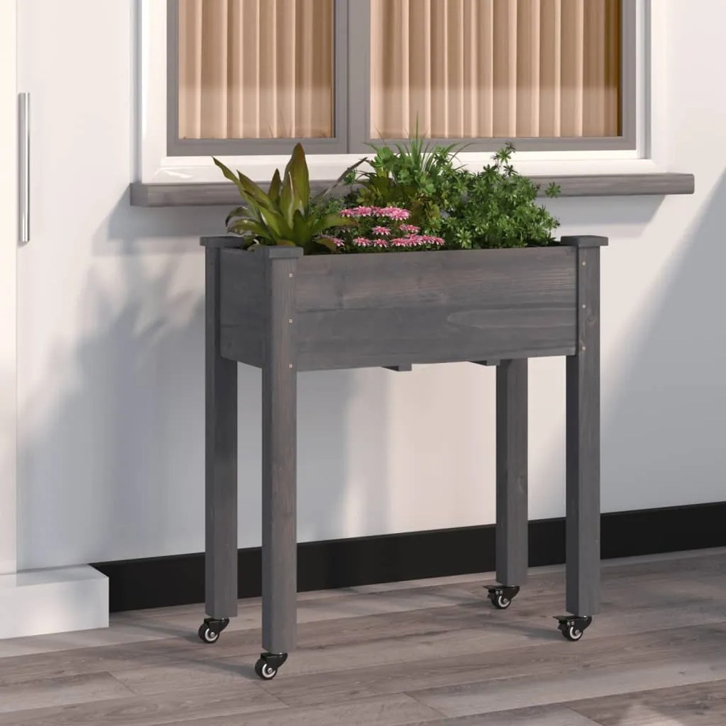 vidaXL Floreira c/ forro e rodas 71x37x80 cm abeto maciço cinzento