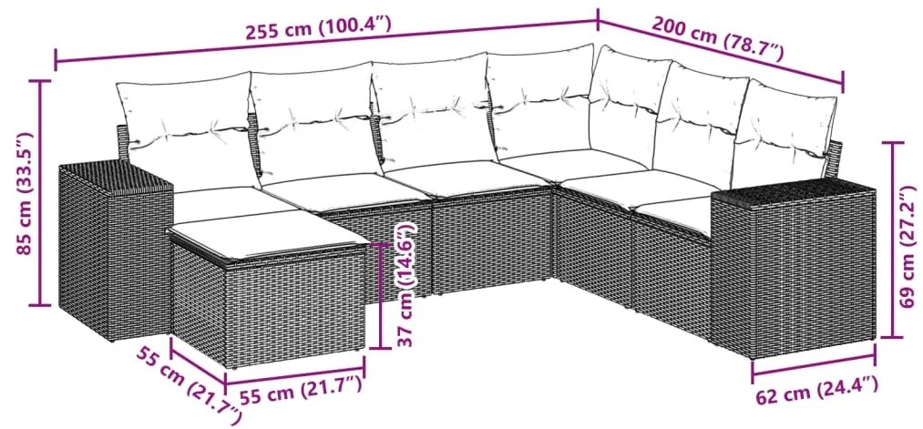 7 pcs conjunto de sofás p/ jardim c/ almofadões vime PE preto