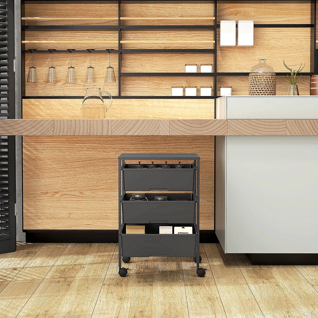 Carrinho Auxiliar com Rodas Carrinho de Cozinha de 3 Níveis com 3 Cest