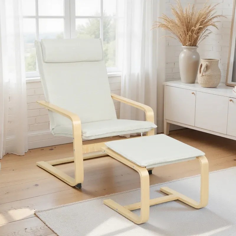 Poltrona com Otomano Poltrona de Leitura com Pernas de Madeira e Estofado em Linho 67x78x92 cm Creme