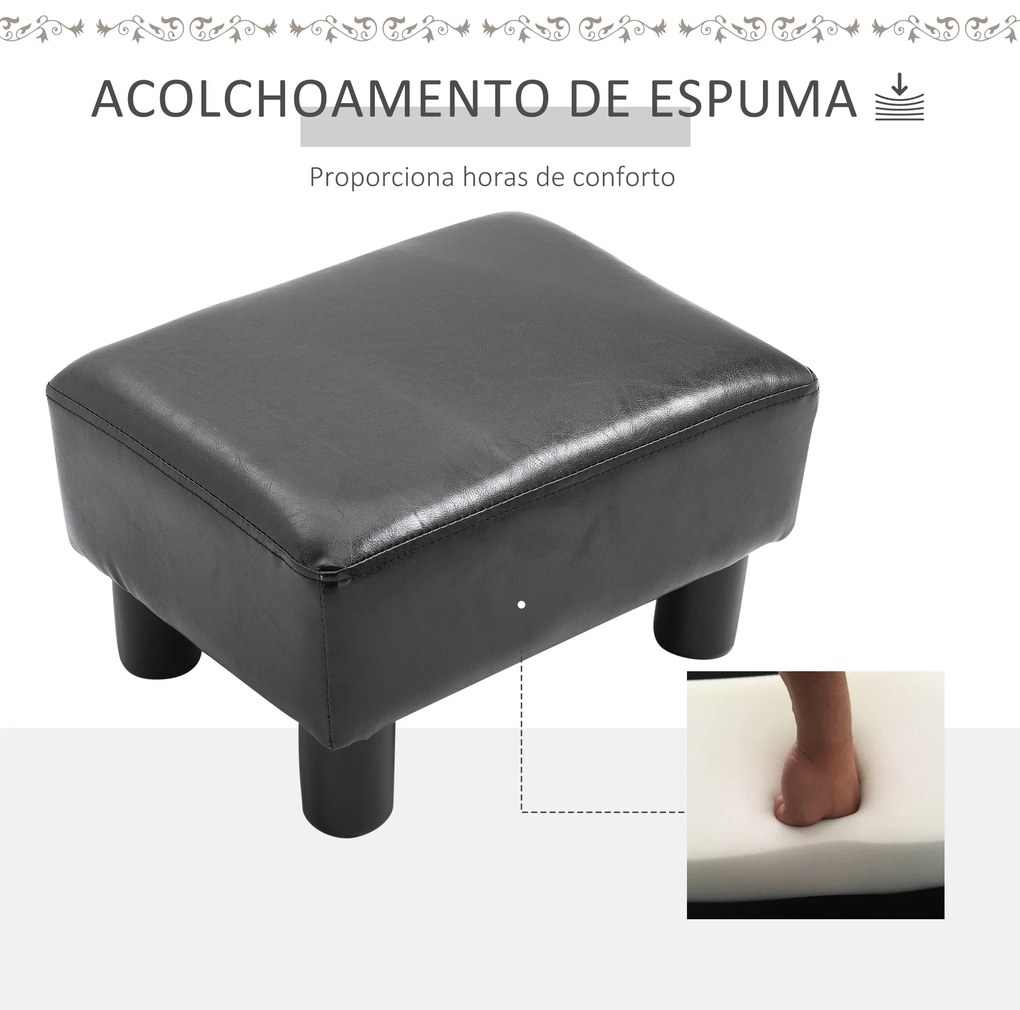 Apoio para os Pés Pufe Banco Pequeno Estofado em Pele Sintética com Assento Acolchoado e Pés de Plástico 40x30x24 cm Preto