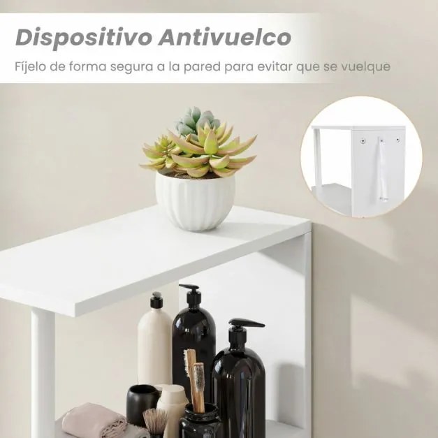 Armário de arrumação estreito de casa de banho 45 × 20 × 114 cm compacto, com prateleiras abertas, gaveta extraível e carrinho branco