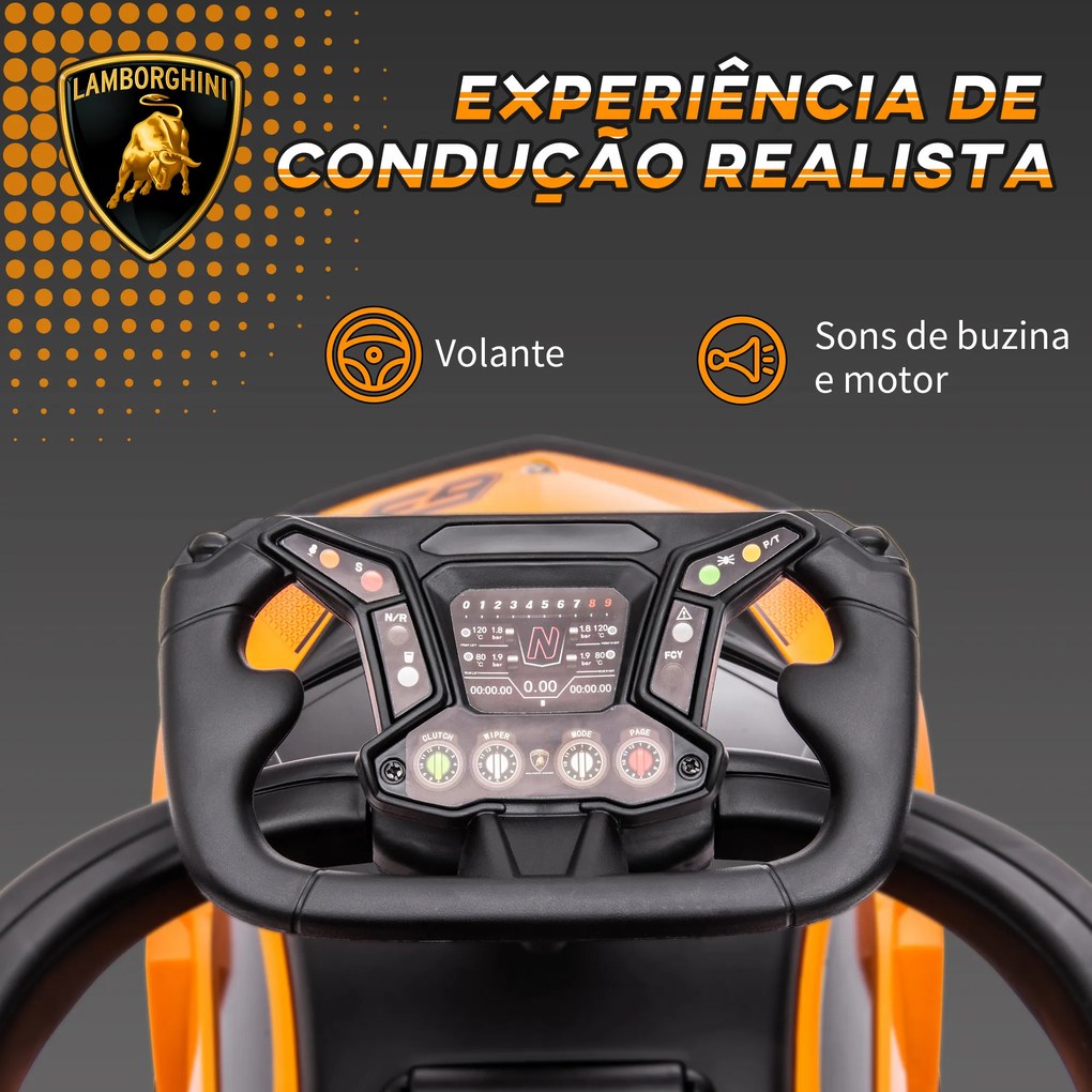 Carro Andarilho Lamborghini Essenza SCV2 Carro Andador com Buzina Guiador e Grade de Segurança 86,5x40x89,5cm Laranja