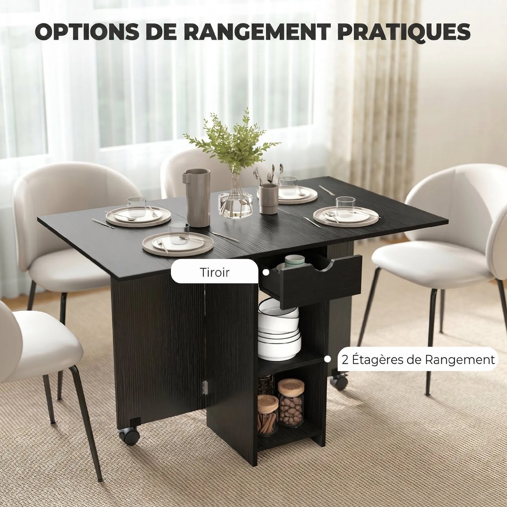 Mesa de Jantar Dobrável, 120 x 72 x 75 cm (CADEIRAS NÃO INCLUIDAS), com Arrumação Integrada, Preta