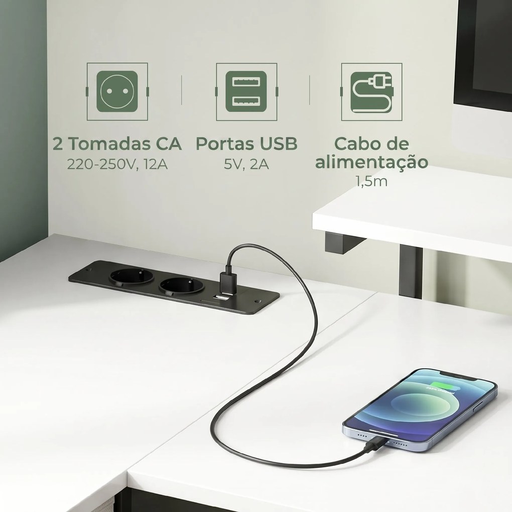 Secretária de canto com 4 gavetas com tomdas 155x112x85,5-91,5 cm Branco