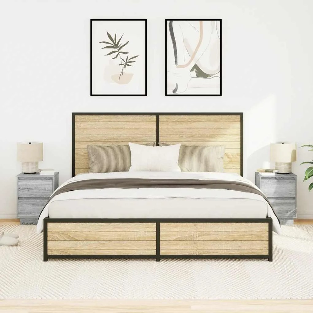 Mesas cabeceira c/ luzes LED 2 pcs 38x34x50 cm cinzento-sonoma