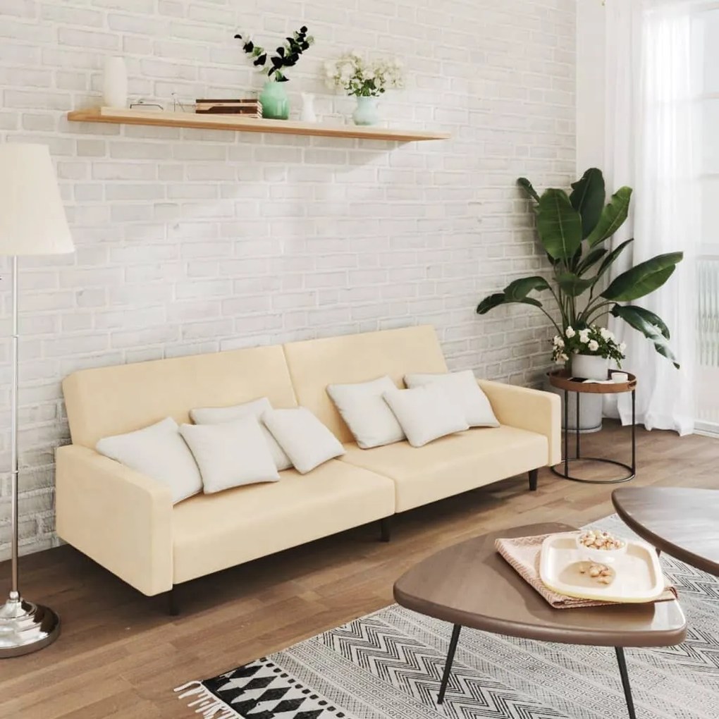 337319 vidaXL Sofá-cama de 2 lugares veludo cor creme