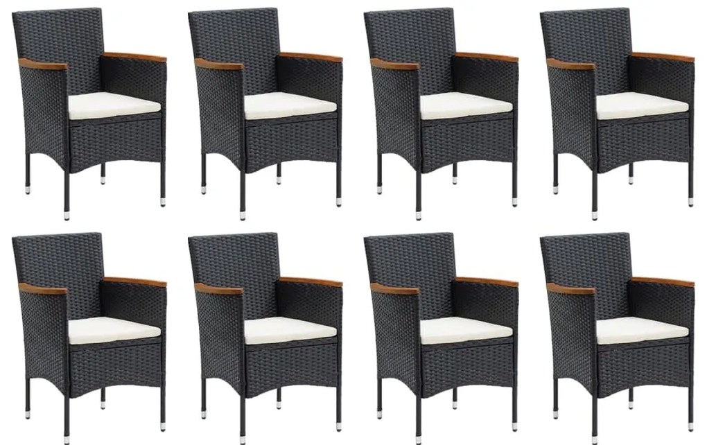 9 pcs conjunto de jantar p/ jardim c/ almofadões vime PE preto