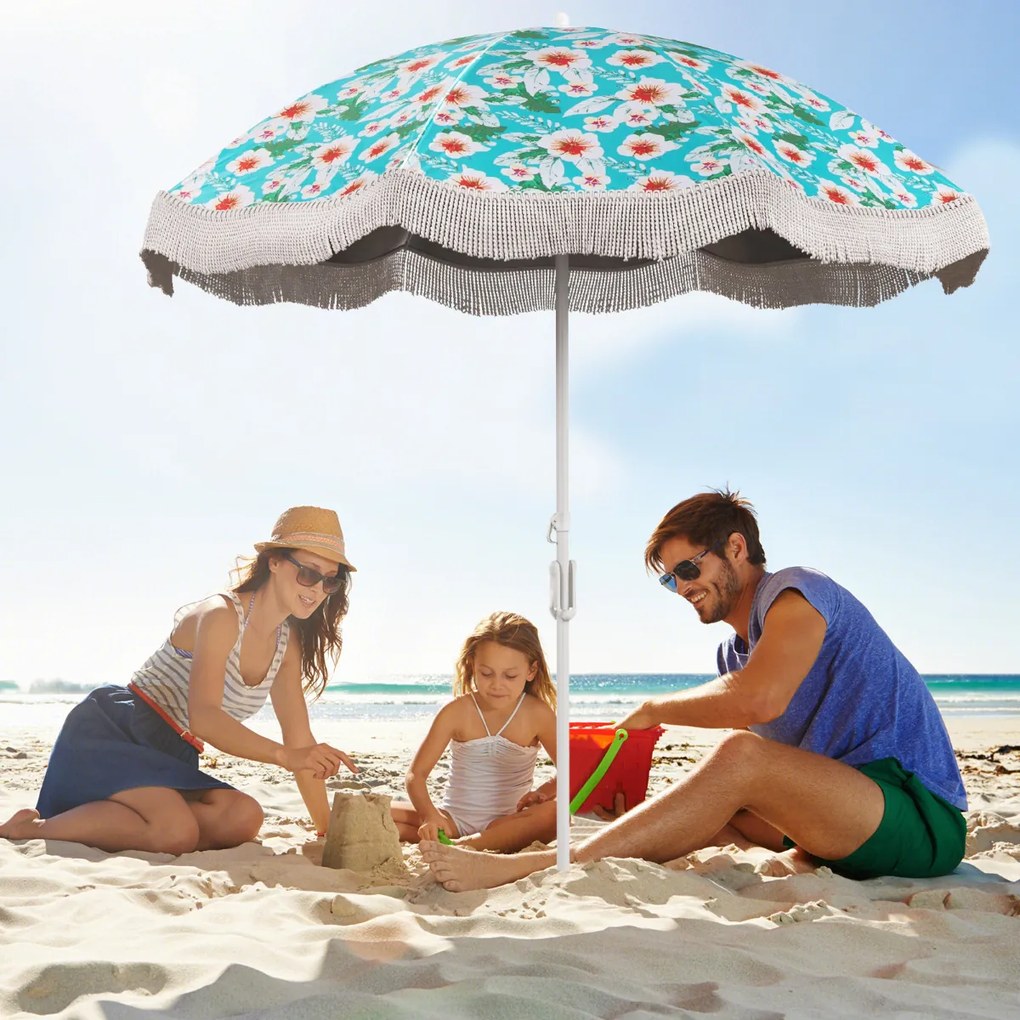 Guarda-sol de praia com franjas 2 m Exterior com botão de inclinação Âncora de areia 8 hastes para Jardim Piscina Terraço Pátio Verde