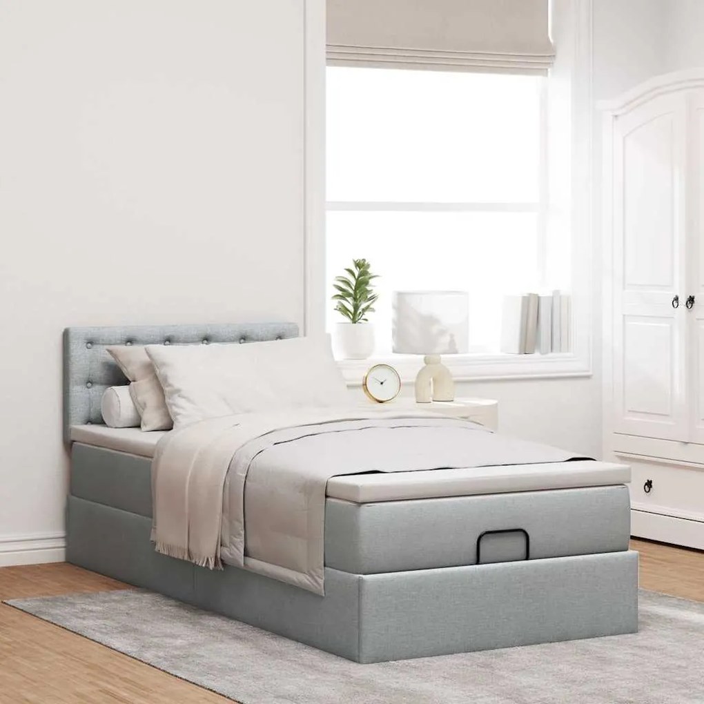 Cama otomana com colchão 100x200 cm tecido cinzento claro
