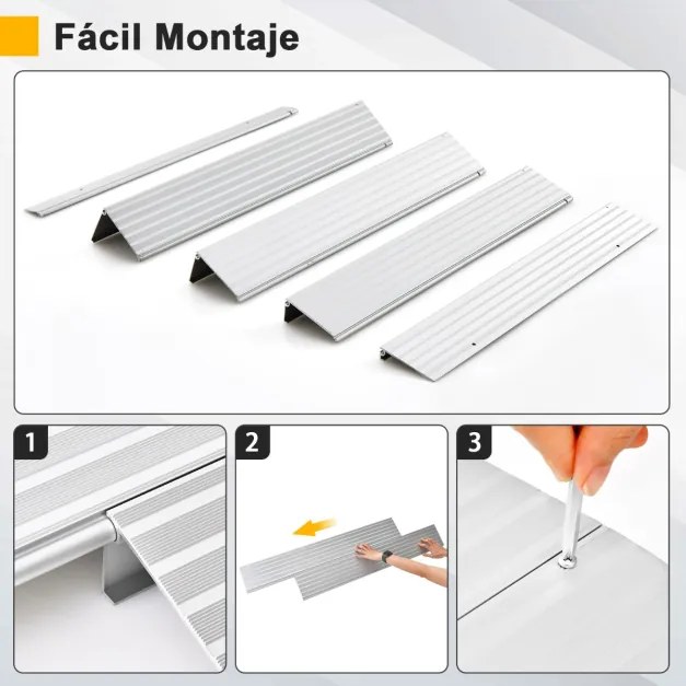 Rampa escadas cadeiras de rodas com moldura em alumínio e superfície antiderrapante Carga 317 kg para cadeiras roda 86,5 x 54 x 10,5 cm Prata