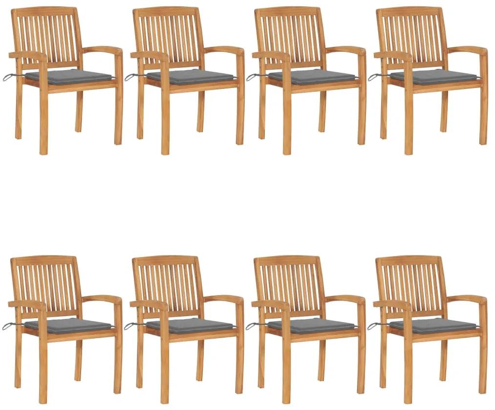 3073241 vidaXL Cadeiras de jardim empiháveis c/ almofadões 8 pcs teca maciça