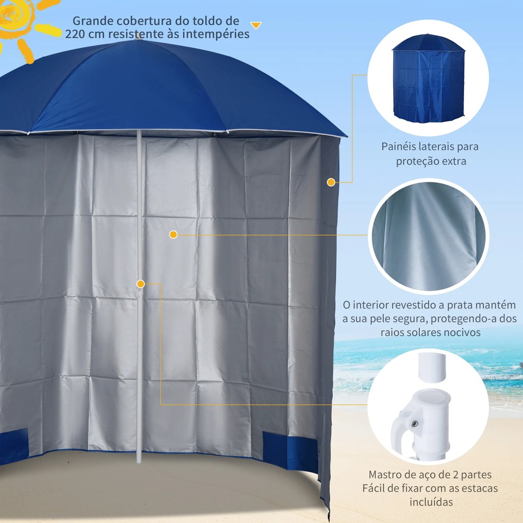 Chapéu de Sol de Praia com Painel Lateral Ø220x220 cm com Manivela Manual 8 Hastes de Aço e Bolsa de Transporte Azul