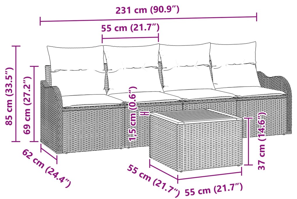 Conjunto de Sofá de Jardim vidaXL 5 Peças com Almofadas Cinza Rattan P
