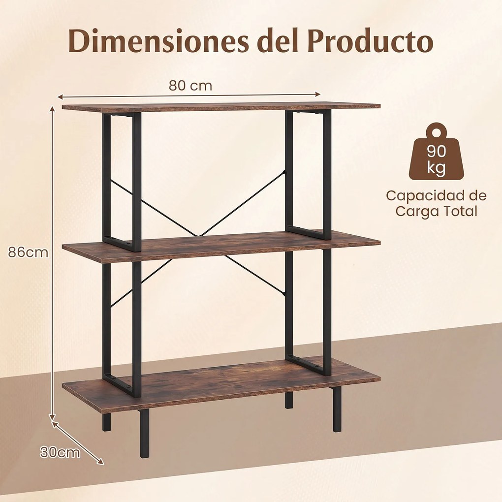Estante Industrial de 3 Níveis, 80 x 30 x 86 cm, Estrutura Metálica Reforçada, Castanho+Preto
