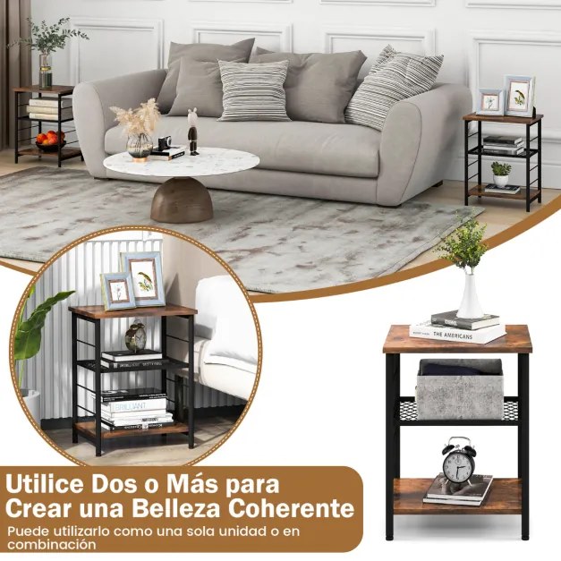 Mesa apoio industrial de 3 níveis, estrutura metálica, mesa de madeira, mesa lateral para quarto e sala, 38,5 x 30 x 50 cm Castanho Rústico