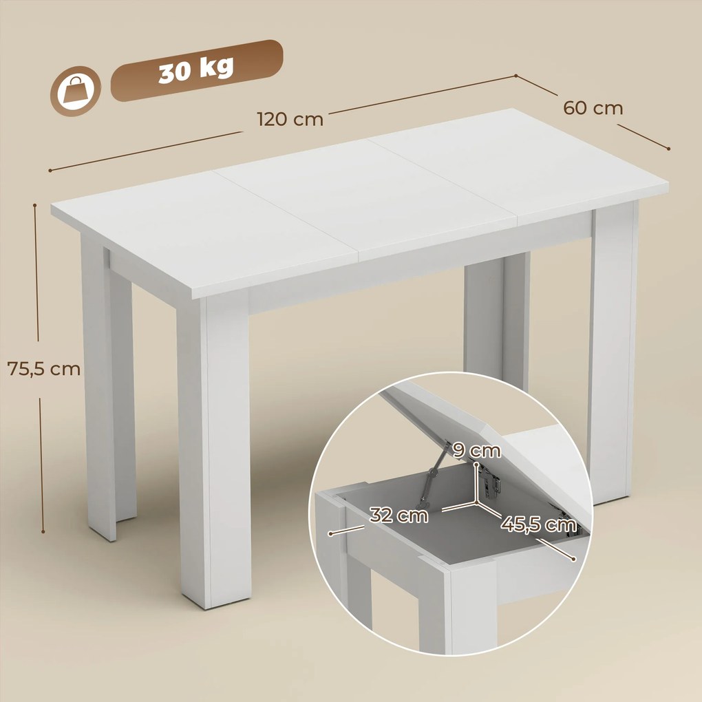 Mesa de Jantar com Tampo Elevável (CADEIRAS NÃO INCLUIDAS), 120 x 60 x 75,5 cm, Arrumação Oculta, Branco