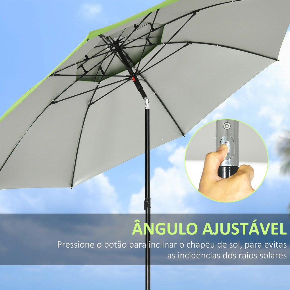 Chapéu de Sol de Praia com Teto Duplo Ângulo Ajustável Proteção UV30+8 Varas de Aço e Bolsa de Transporte Ø185x205 cm Verde