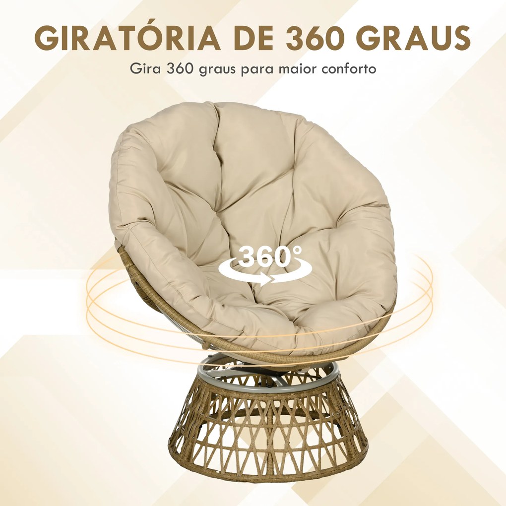Cadeira Papasan Giratória de Vime Sintético com Almofada Suporta 120 kg para Exterior Jardim Terraço 85x70x82 cm Castanho e Cáqui